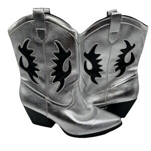Soda Gigi Silver Metallic Black Western Chunky Heel Mid Shaft Cowboy Boots 11